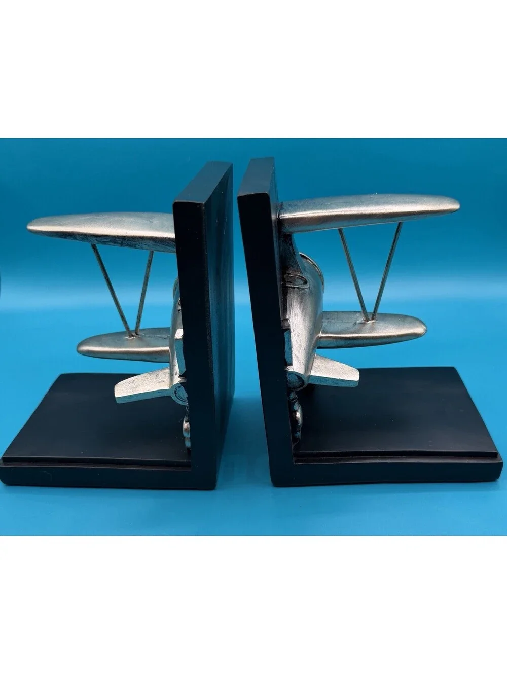 Vintage Biplane Bookends Aviation Airplane Pilot Decor Retro Book End Set